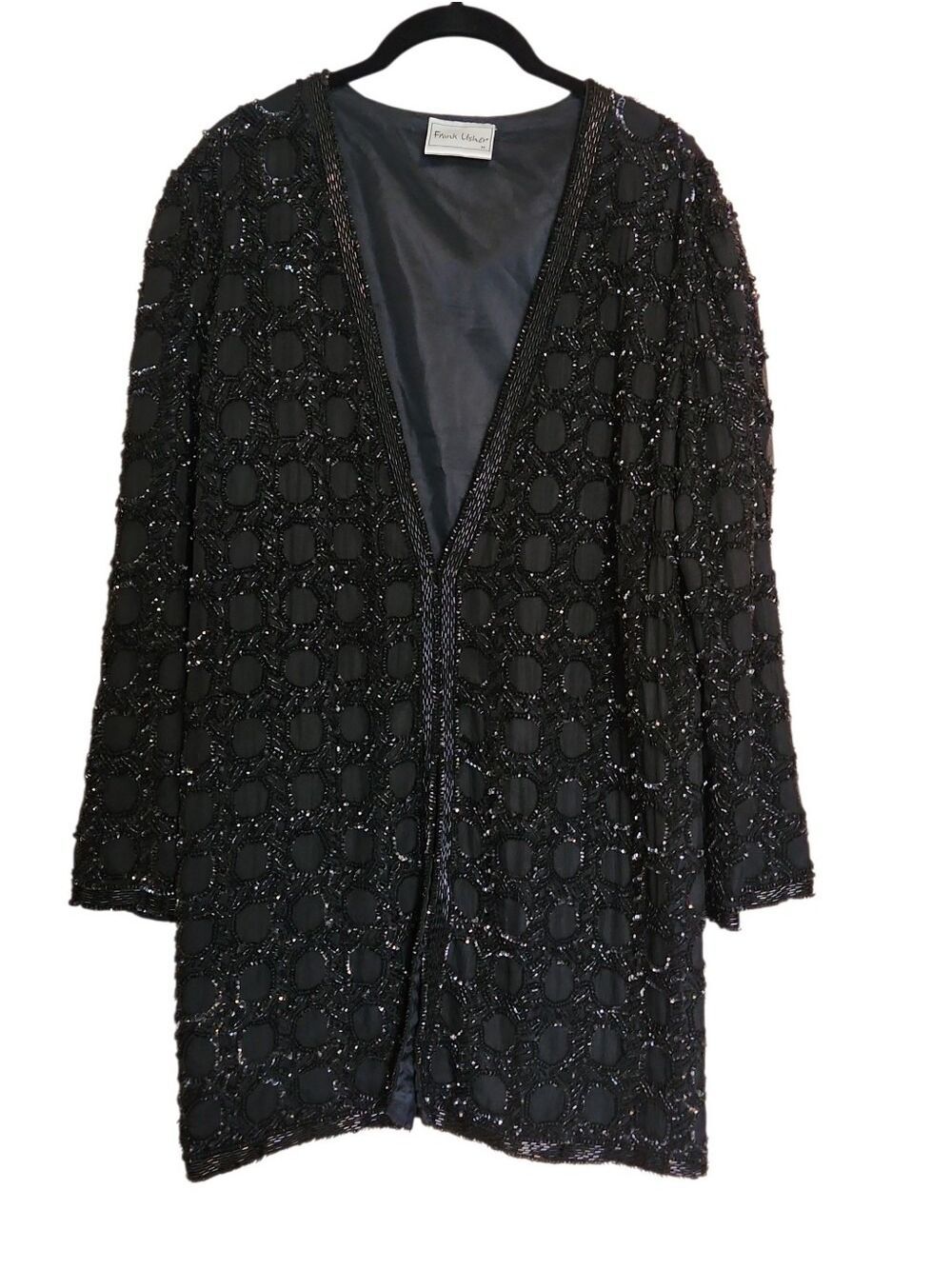 VINTAGE 80s FRANK USHER BLACK SILK BEADED LUXURY CARDIGAN EVENING JACKET MEDIUM